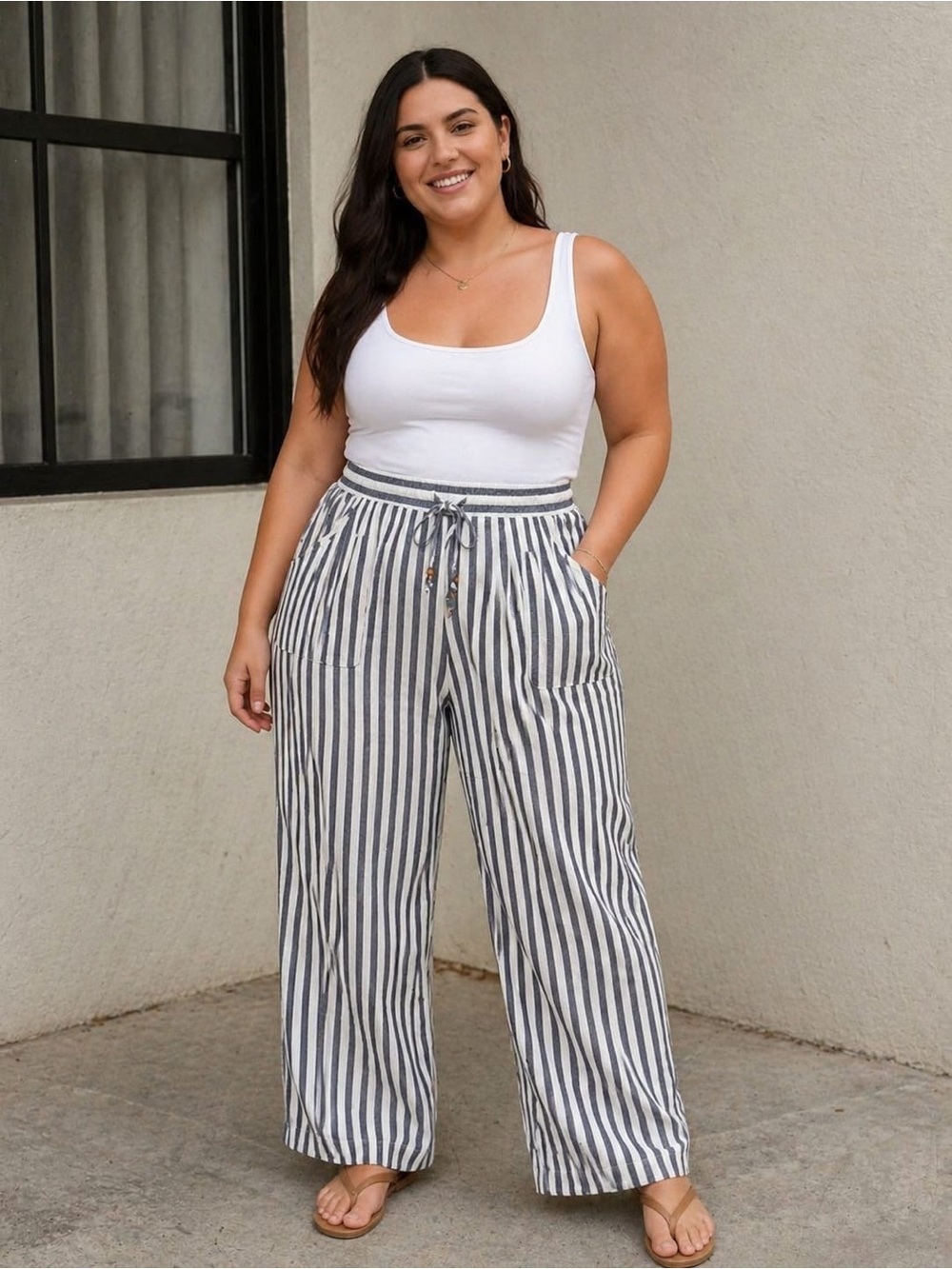 Plus-Size Striped Wide-Leg Pants - White & Gray